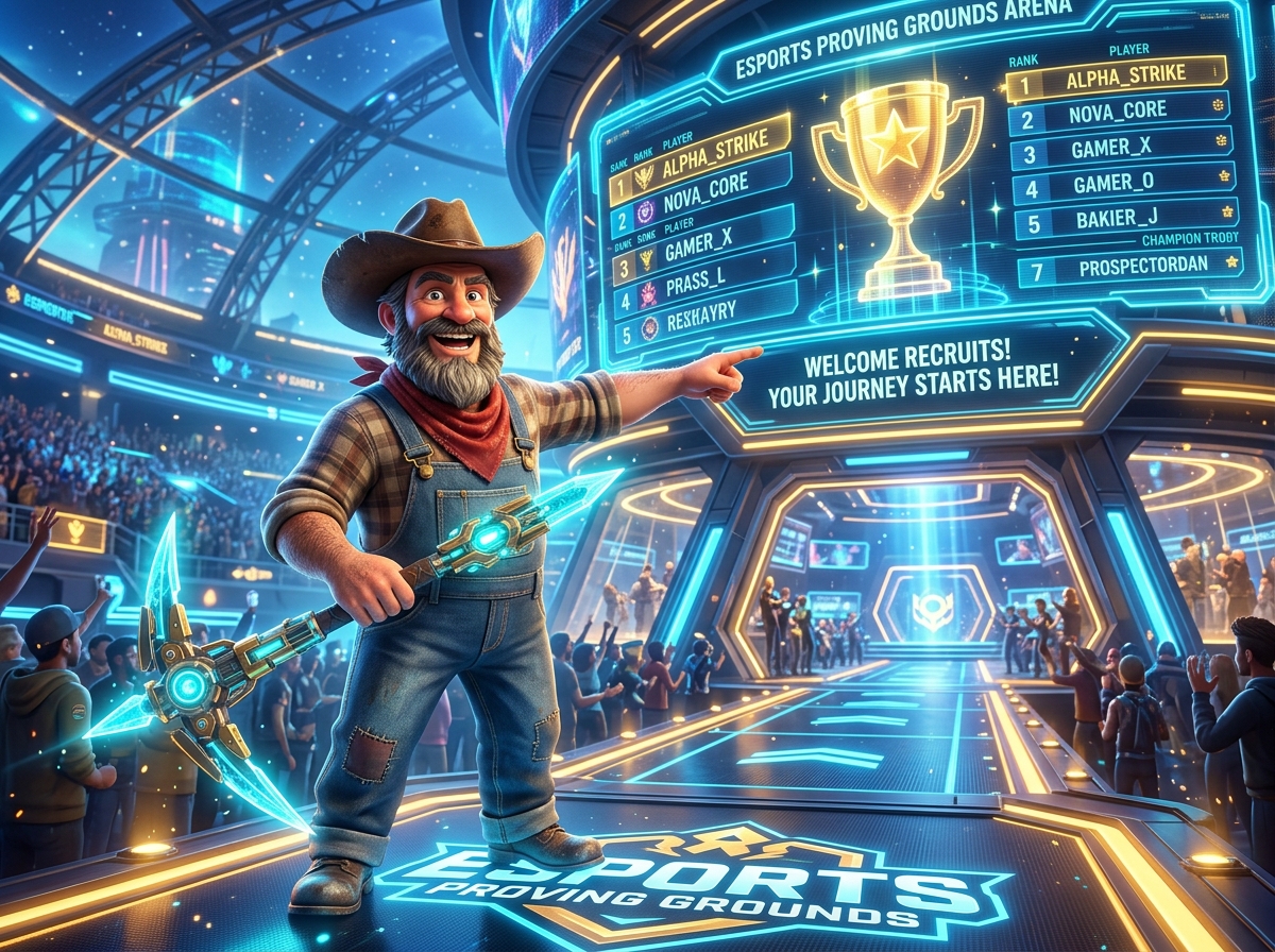 Prospector Dan welcoming recruits to the Esports Proving Grounds with leaderboard and trophy