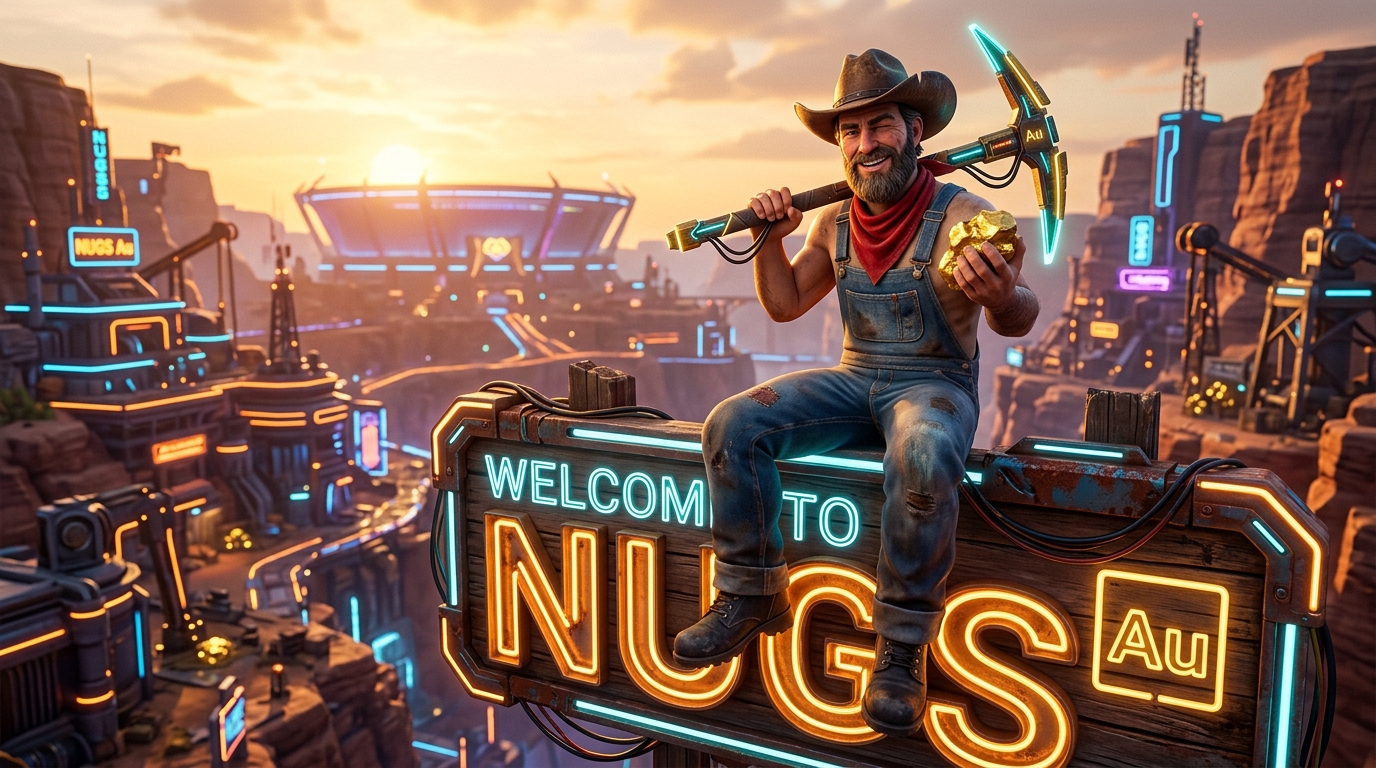 Prospector Dan sitting on the Welcome to NUGS Au neon sign overlooking the gaming arena