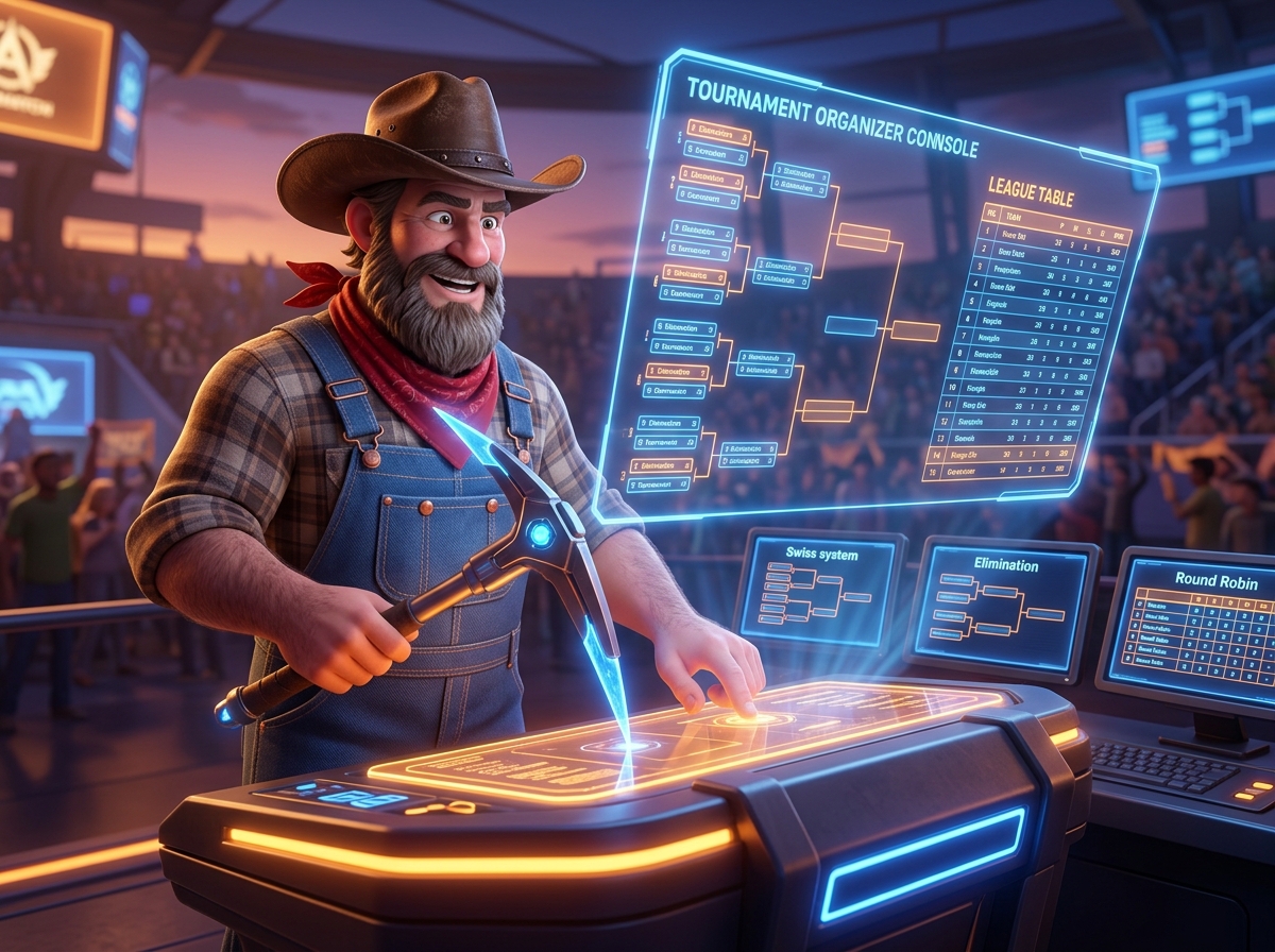 Prospector Dan operating the Tournament Organiser Console with automated brackets and formats
