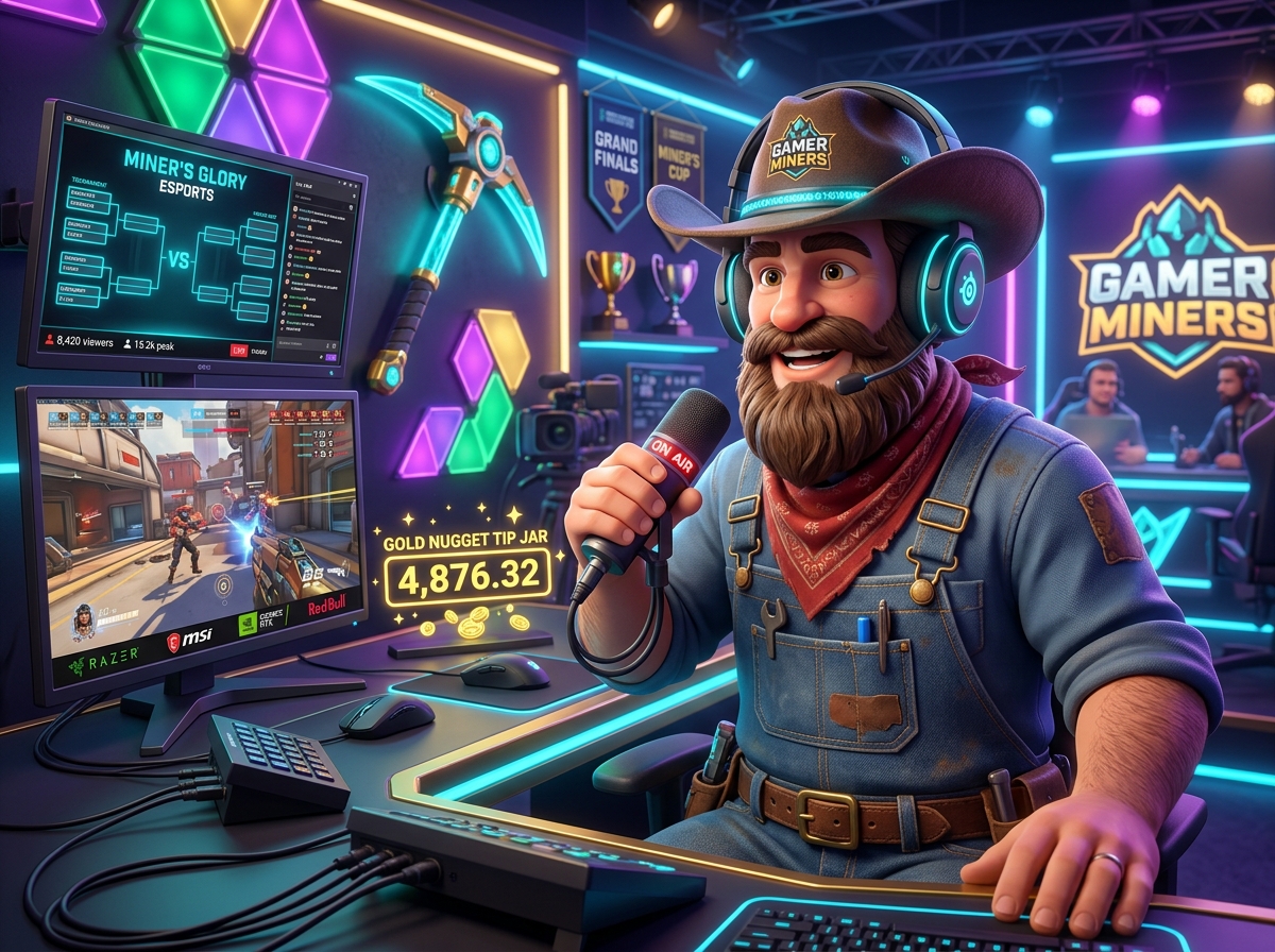 Prospector Dan streaming live with OBS broadcast overlays, sponsor ticker, and tip jar