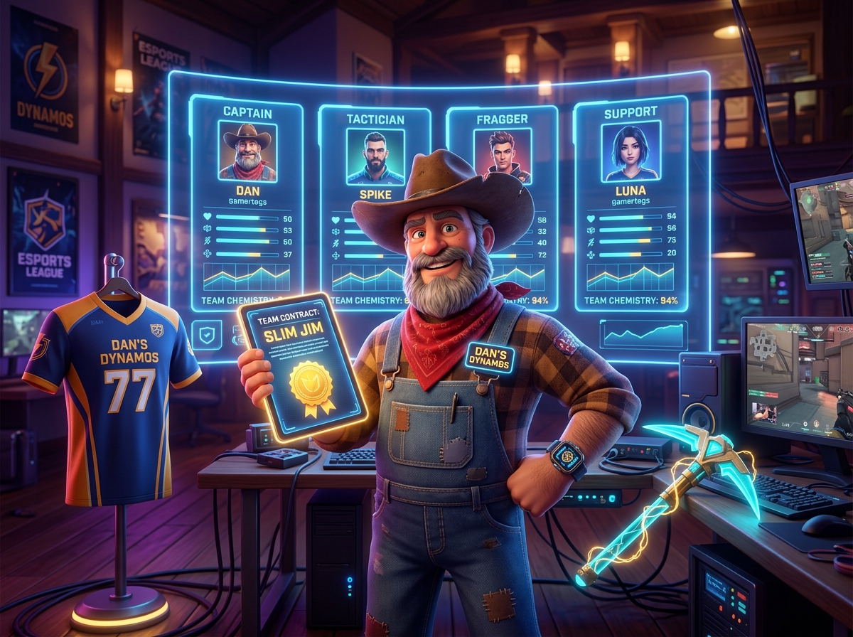 Prospector Dan managing Dan's Dynamos squad roster with player cards and digital contract