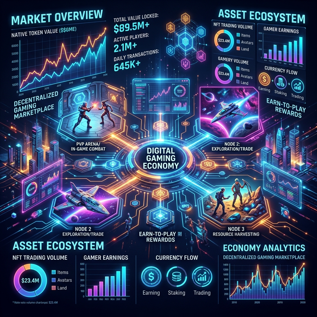 A vibrant, futuristic representation of a digital gaming economy
