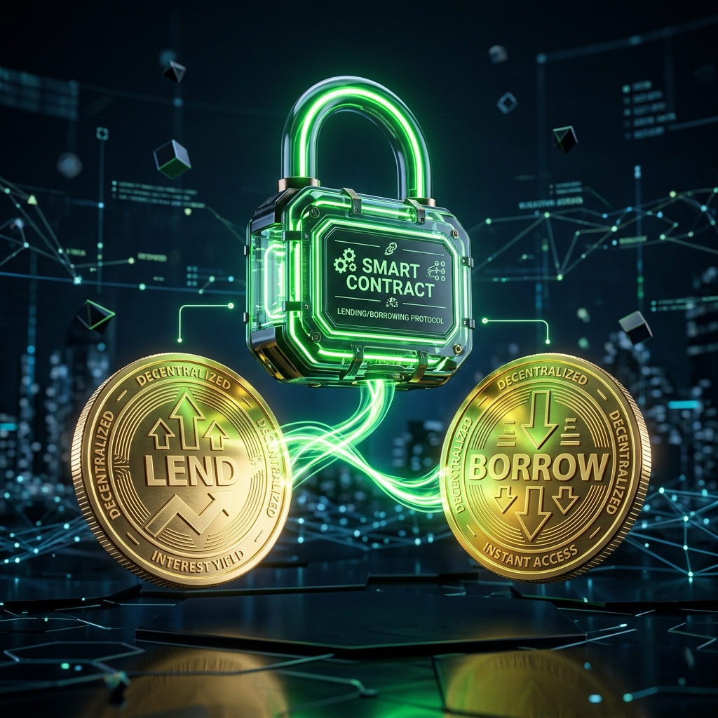 Cartoon concept of decentralized finance (DeFi)